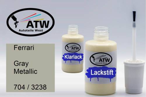 Ferrari, Gray Metallic, 704 / 3238: 20ml Lackstift + 20ml Klarlack - Set, von ATW Autoteile West.